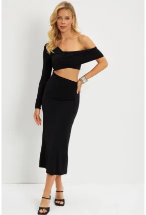 Kadın Siyah Dekolteli Midi Elbise MEN2046