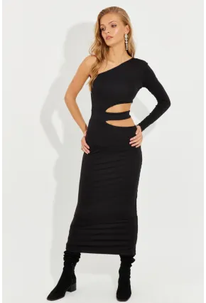 Kadın Siyah Dekolteli Tek Omuz Midi Elbise EY2577