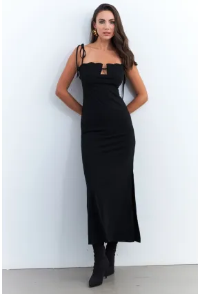 Kadın Siyah Dekolteli Yırtmaçlı Maxi Elbise YEL95