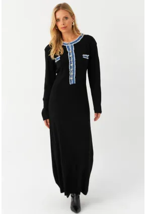 Kadın Siyah Denim Detaylı Maxi Elbise MQAS200