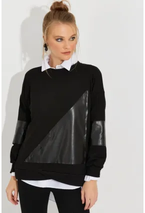 Kadın Siyah Deri Bloklu Sweathirt ST6015