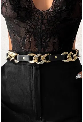 Kadın Siyah Deri Zincir Kemer BE659