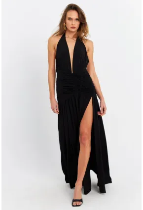 Kadın Siyah Derin Yırtmaçlı Büzgülü Midi Elbise B6008