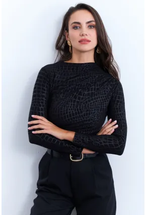 Kadın Siyah Desenli Büzgülü Bluz LPP1279
