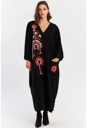 Kadın Siyah Desenli Maxi Dokuma Elbise ALO150