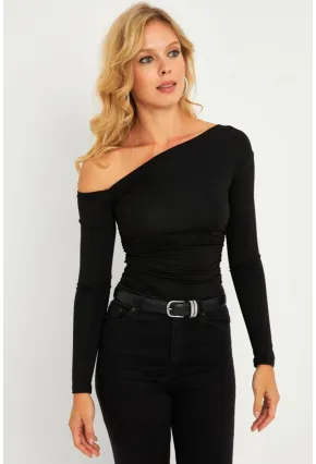 Kadın Siyah Drapeli Bluz B5004