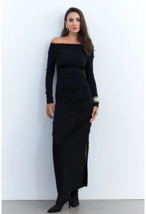 Kadın Siyah Drapeli Maxi Elbise SHR7