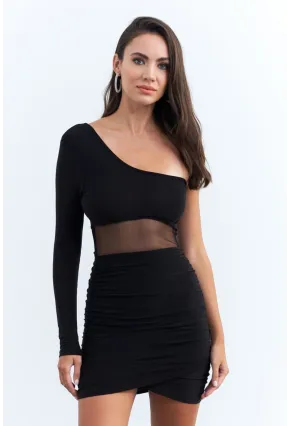 Kadın Siyah Drapeli Tül Detaylı Mini Yılbaşı Elbise ELT3850