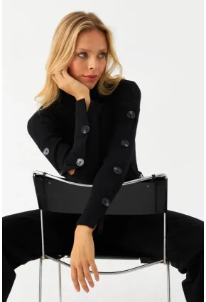 Kadın Siyah Düğme Aksesuarlı Balıkçı Kaşkorse Bluz EY2995