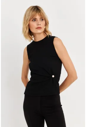 Kadın Siyah Düğme Aksesuarlı Büzgülü Bluz TF72