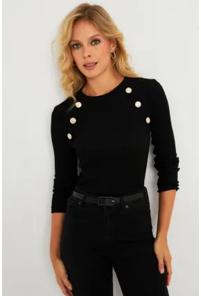 Kadın Siyah Düğme Aksesuarlı Kaşkorse Bluz EY2914