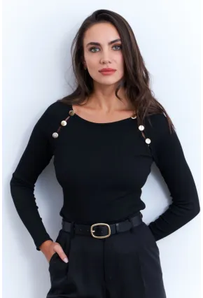 Kadın Siyah Düğme Aksesuarlı Kaşkorse Bluz EY2945