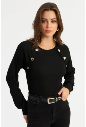 Kadın Siyah Düğme Aksesuarlı Kaşkorse Bluz MEY2946