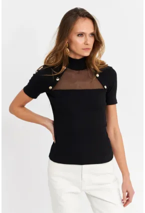 Kadın Siyah Düğme Aksesuarlı Kaşkorse Bluz TF56