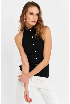 Kadın Siyah Düğme Aksesuarlı Kolsuz Bluz EY3065