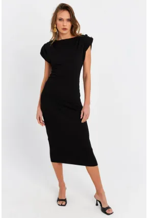 Kadın Siyah Düğme Aksesuarlı Vatkalı Midi Elbise MOD4272