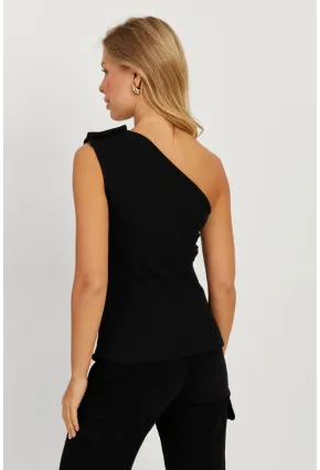 Kadın Siyah Düğme Detaylı Asimetrik Kaşkorse Bluz EY2711