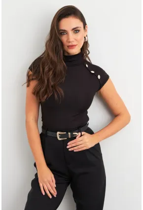 Kadın Siyah Düğme Detaylı Bluz EY3027