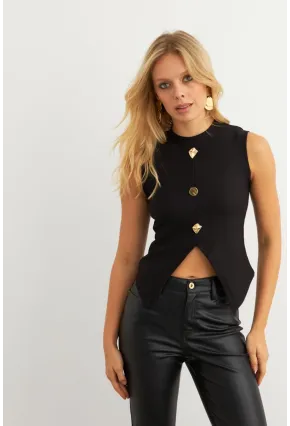 Kadın Siyah Düğme Detaylı Bluz RLO145