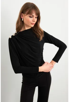 Kadın Siyah Düğme Detaylı Büzgülü Bluz LPP1223-1