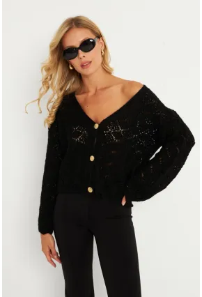 Kadın Siyah Düğme Detaylı Hırka YV276