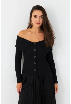 Kadın Siyah Düğme Detaylı Kaşkorse Bluz EY2985