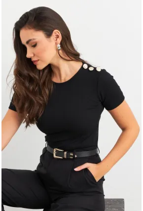 Kadın Siyah Düğme Detaylı Kaşkorse Bluz EY3031
