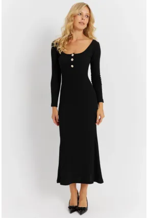 Kadın Siyah Düğme Detaylı Kaşkorse Midi Elbise EY2854