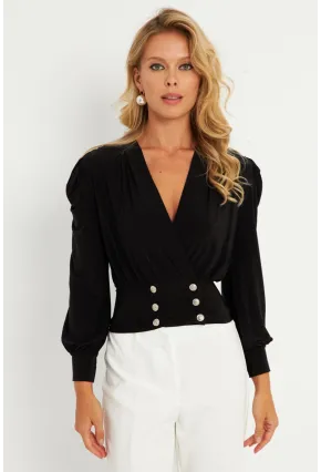 Kadın Siyah Düğme Detaylı Kruvaze Bluz ELT3188