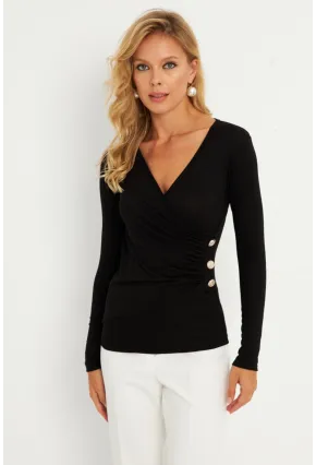 Kadın Siyah Düğme Detaylı Kruvaze Bluz EY2865