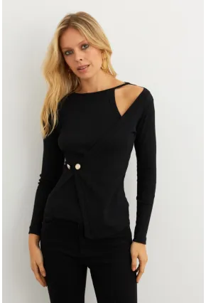 Kadın Siyah Düğme Detaylı Kruvaze Bluz EY3015