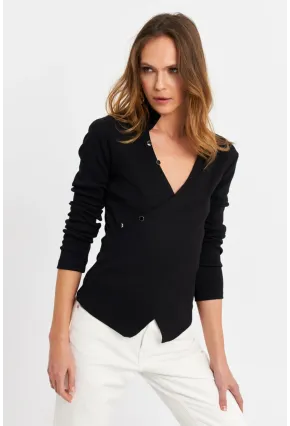 Kadın Siyah Düğme Detaylı Kruvaze Kaşkorse Bluz TF53