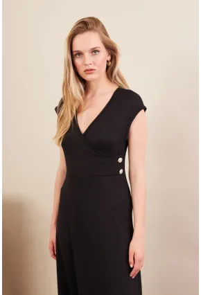 Kadın Siyah Düğme Detaylı Kruvaze Midi Elbise EY0011