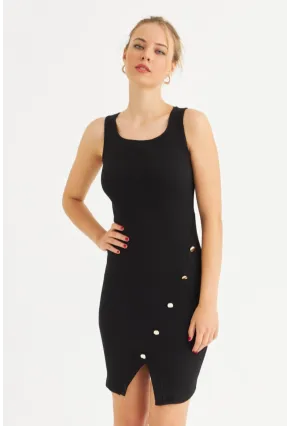 Kadın Siyah Düğme Detaylı Midi Elbise URO1111