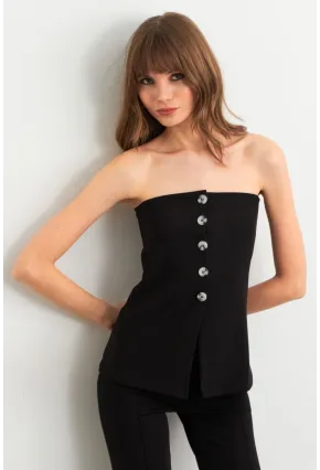 Kadın Siyah Düğme Detaylı Straplez Bluz CY355