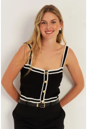 Kadın Siyah Düğme Detaylı Triko Crop Bluz MSS134