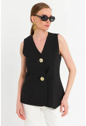 Kadın Siyah Düğme Detaylı Yelek CAR1152