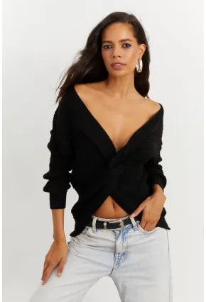 Kadın Siyah Düğümlü Triko Bluz MSS118