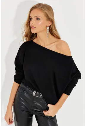 Kadın Siyah Düşük Omuz Triko Bluz YZ617