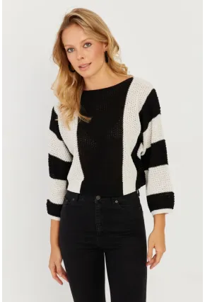 Kadın Siyah-Ekru Ajurlu Triko Kazak YV218