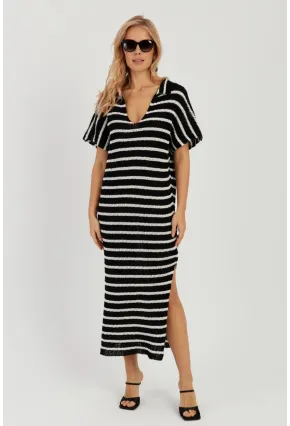 Kadın Siyah-Ekru Ajurlu Triko Midi Elbise YZ622