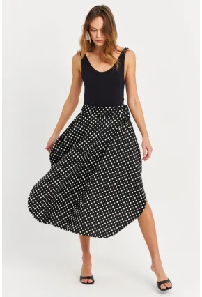 Kadın Siyah-Ekru Asimetrik Puantiyeli Etek LV81