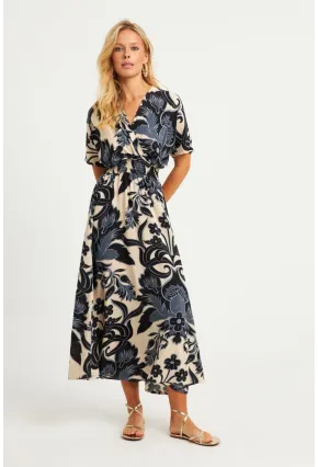 Kadın Siyah-Ekru Desenli Gipeli Midi Elbise YZ1055