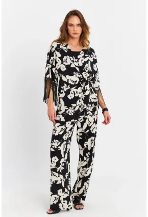 Kadın Siyah-Ekru Desenli Kimono Takım MELT1031