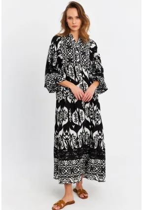 Kadın Siyah-Ekru Desenli Salaş Midi Elbise MALO3002