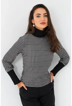 Kadın Siyah-Ekru Kazayağı Balıkçı Bluz EY2972