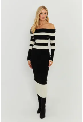 Kadın Siyah-Ekru Madonna Çizgili Triko Midi Elbise KED143