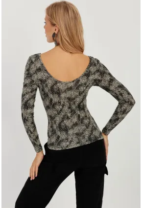 Kadın Siyah-Ekru Ön Arka U Desenli Bluz LPP1266