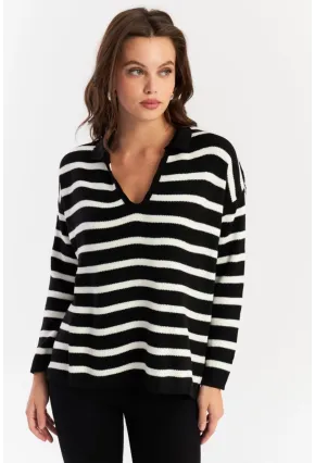Kadın Siyah-Ekru Polo Yaka Çizgili Triko Kazak SE01