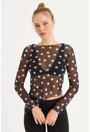 Kadın Siyah-Ekru Puantiyeli Tül Bluz RSP1740